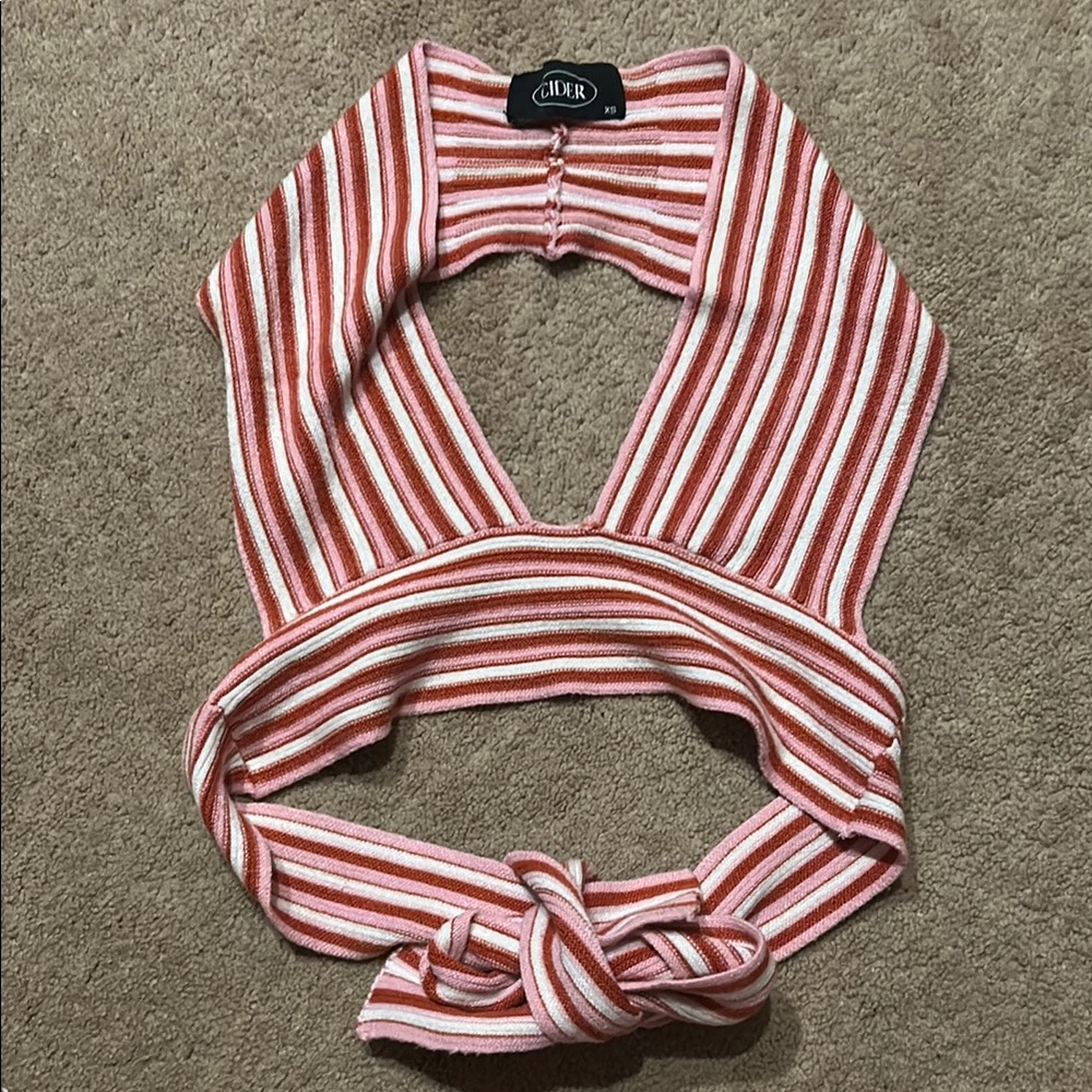 Cider Red and White Tie Front Backless Crop Top